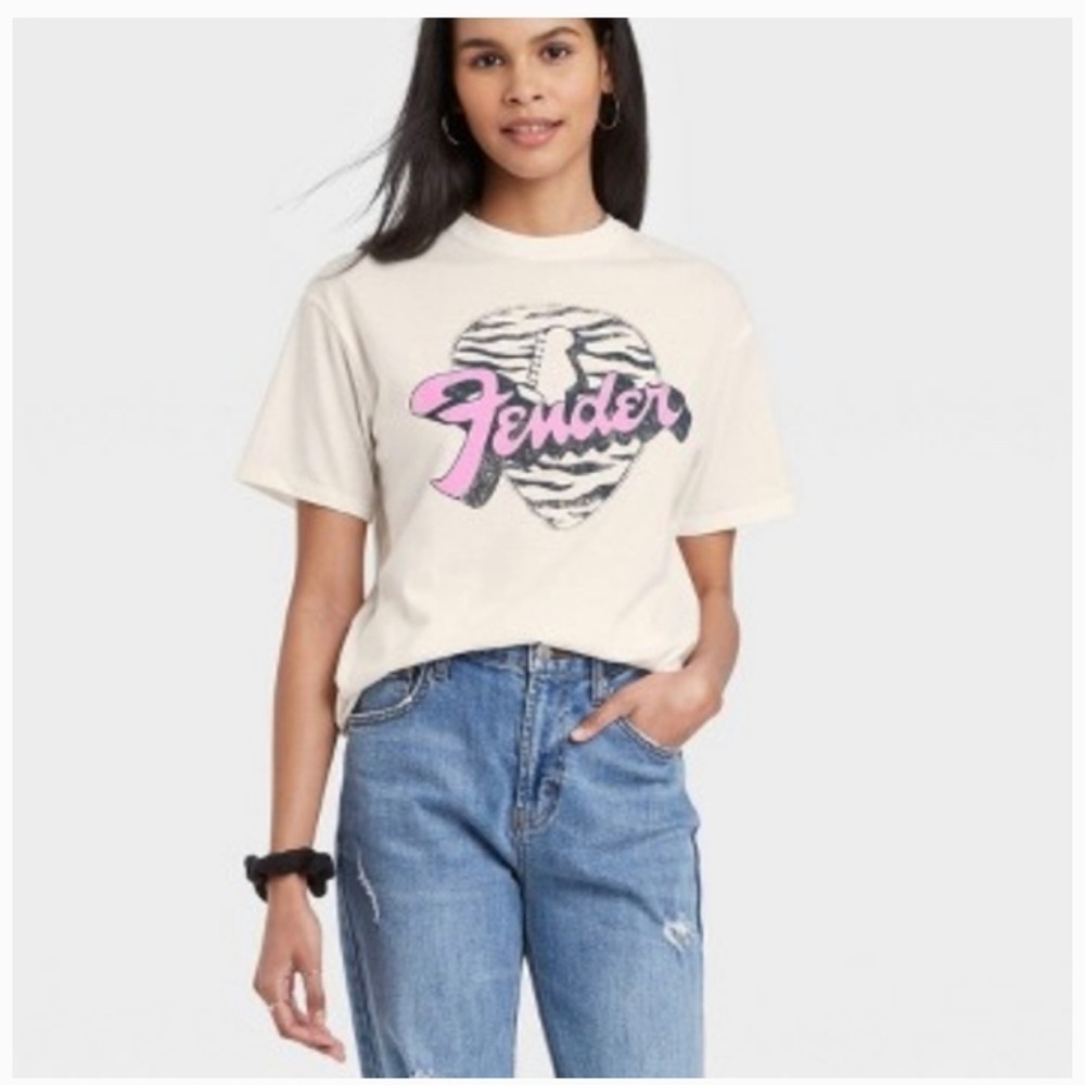 - 🆕Fender Women Guitar Band Rock Music Zebra Stripes Shirt White Pink Size…